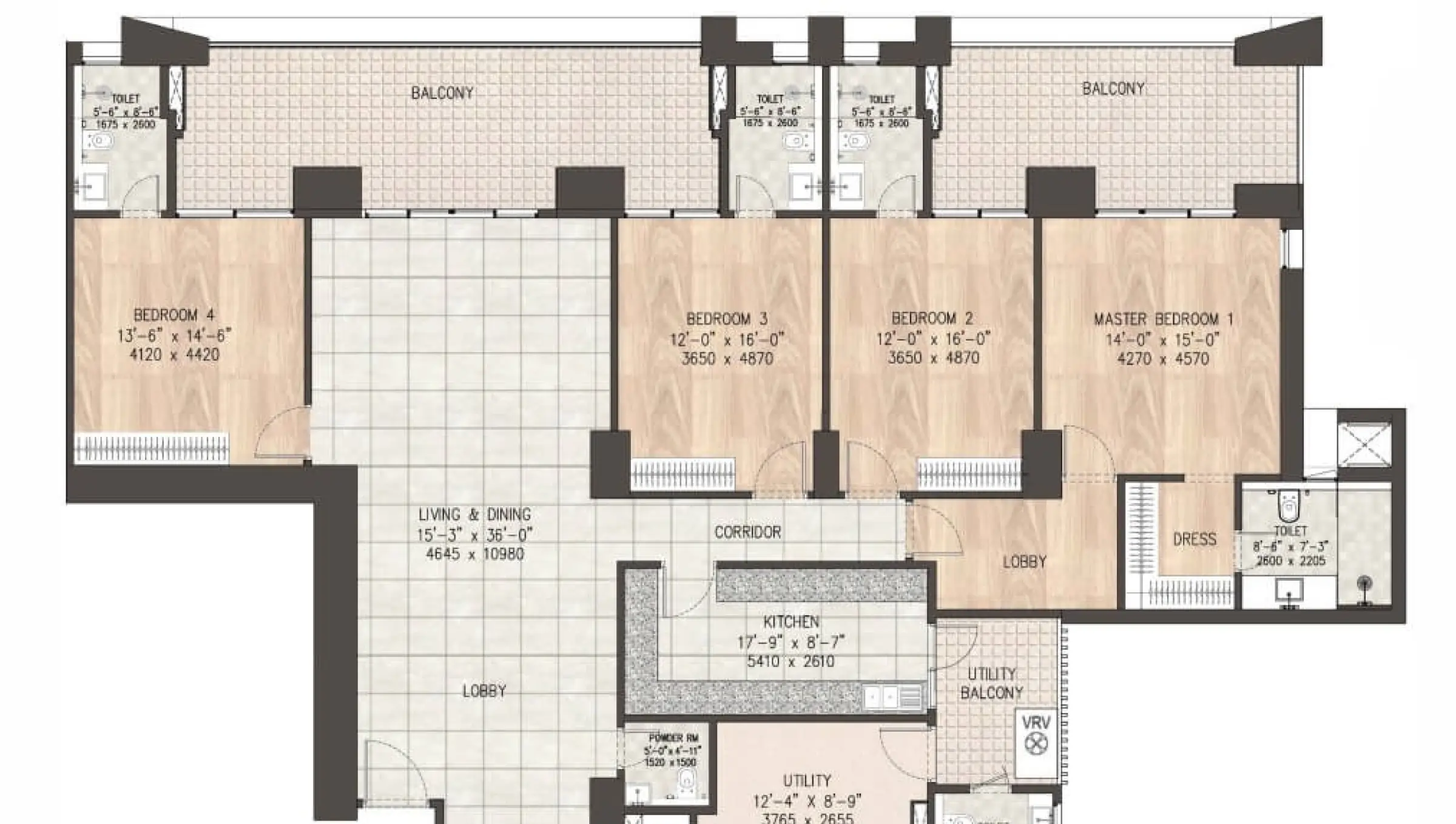 Typical 4 BHK apartment floor plan at DLF Privana West